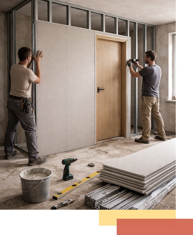 Перегородка из гипсокартона с дверью под ключ в Анапе