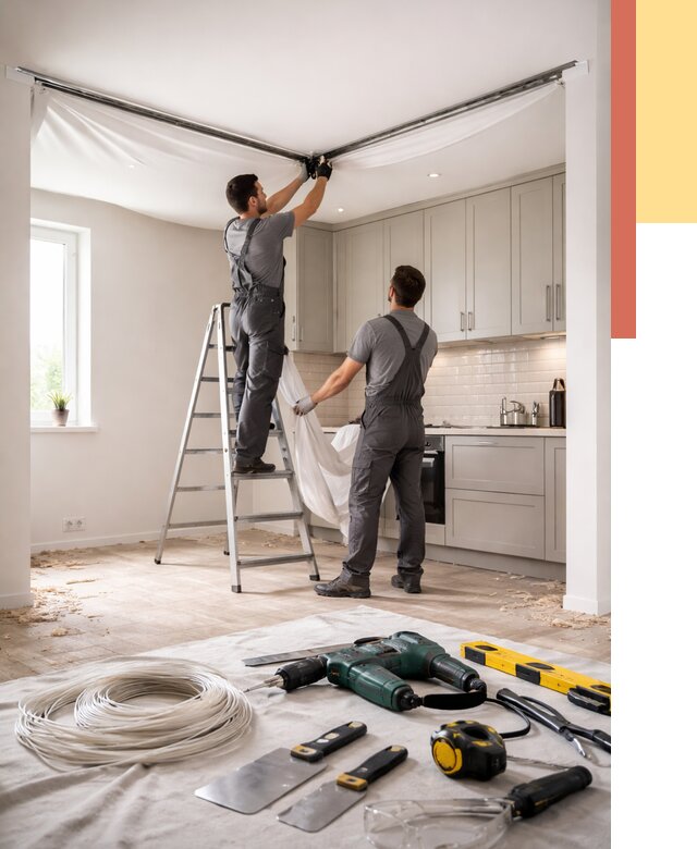 Установка натяжного потолка на кухне в Анапе от 2492 руб. | ОТДЕЛОЧНИК-Нпа