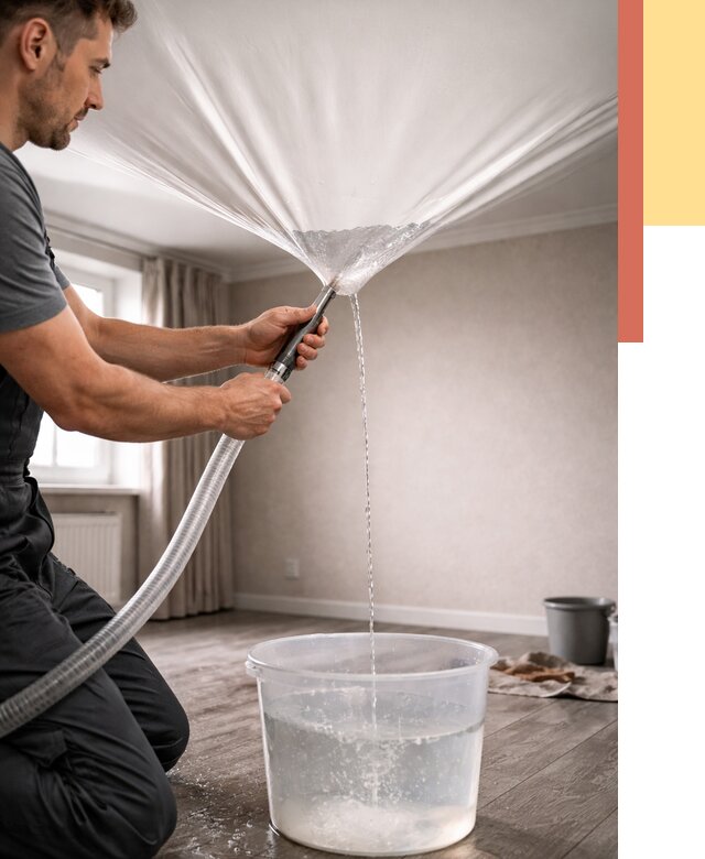 Слив воды с натяжного потолка в Анапе от 2596 руб. быстро и недорого | ОТДЕЛОЧНИК-Нпа