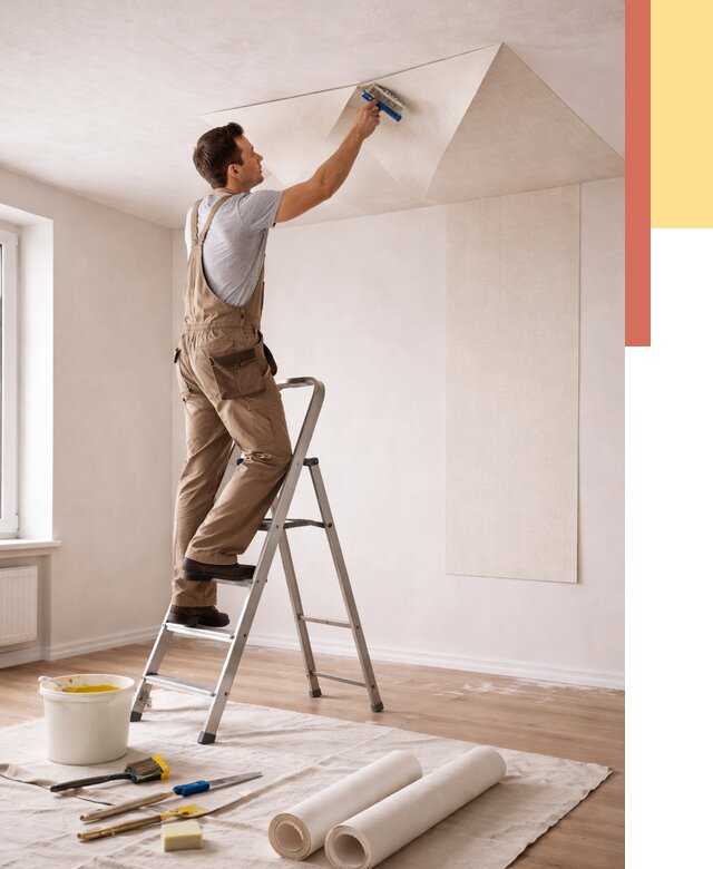 Поклейка обоев на потолок в Анапе от 4673 руб. быстро и недорого | ОТДЕЛОЧНИК-Нпа